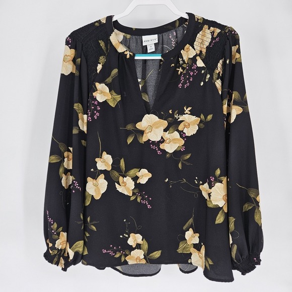 Ava & Viv Tops - Ava & Viv Womens 1X Black Floral Smocked Split Neck Blouse Long Sleeve Top